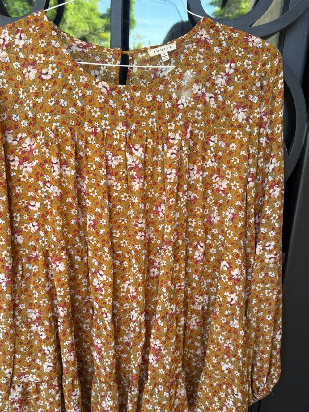 JODIFL Mustard Floral Prairie Top with Pink and White Blooms